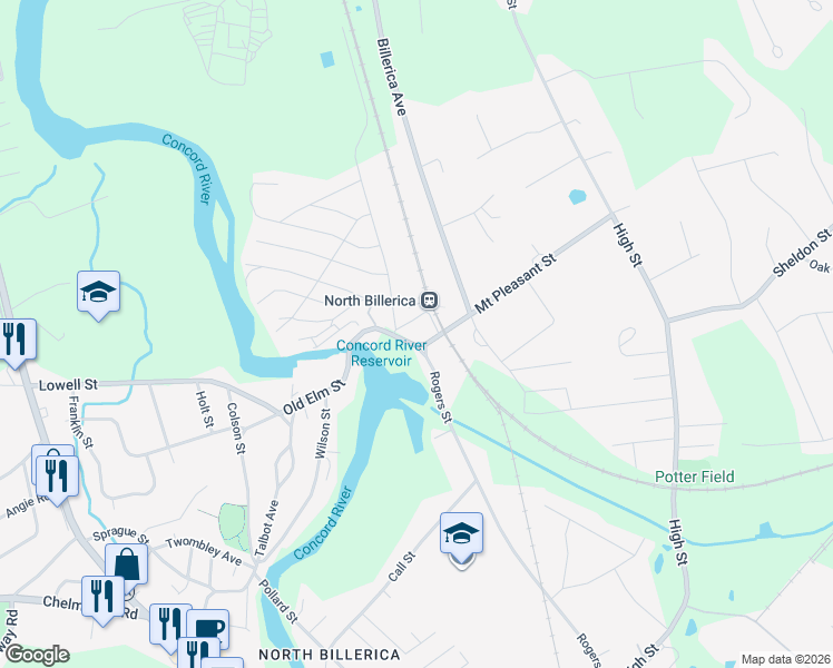 map of restaurants, bars, coffee shops, grocery stores, and more near 4 Mount Pleasant Street in Billerica