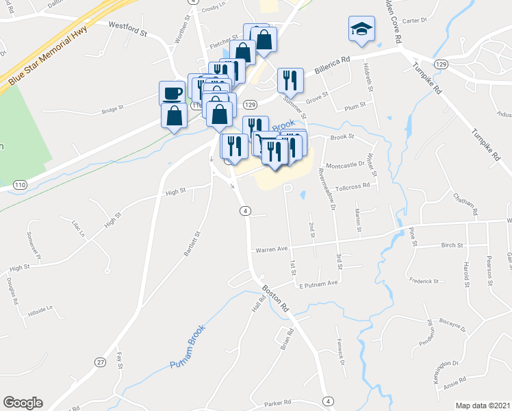 map of restaurants, bars, coffee shops, grocery stores, and more near 38 Boston Road in Chelmsford