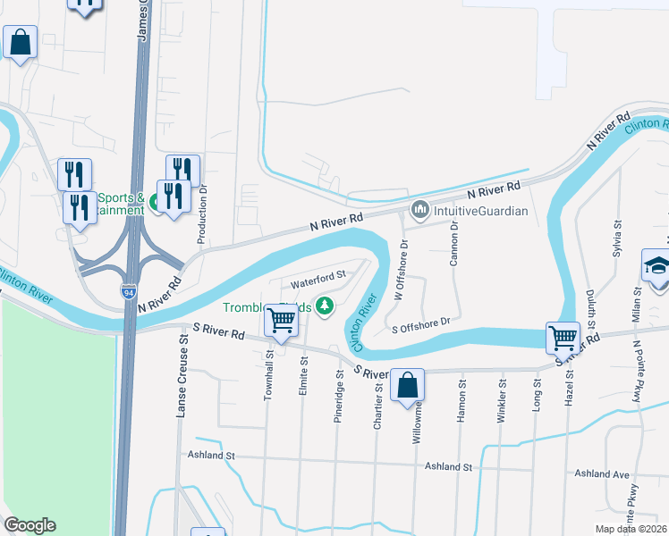 map of restaurants, bars, coffee shops, grocery stores, and more near 25935 Clinton Shore Drive in Harrison Township