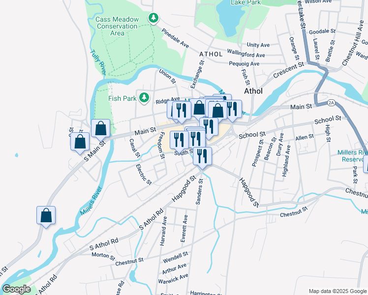 map of restaurants, bars, coffee shops, grocery stores, and more near 273 Main Street in Athol