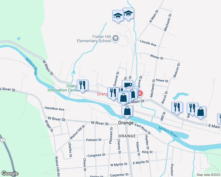 map of restaurants, bars, coffee shops, grocery stores, and more near 52 Prospect Street in Orange