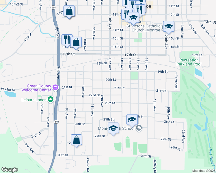 map of restaurants, bars, coffee shops, grocery stores, and more near 2018 13th Avenue in Monroe