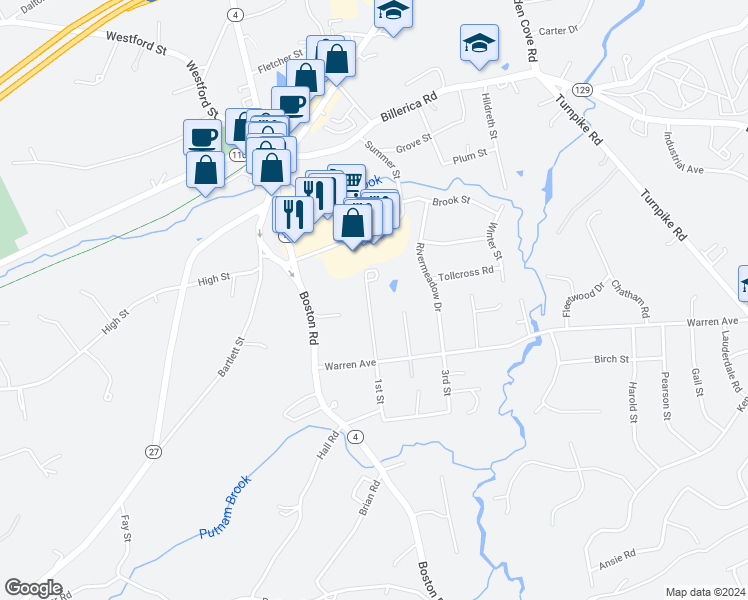 map of restaurants, bars, coffee shops, grocery stores, and more near 41 1st Street in Chelmsford