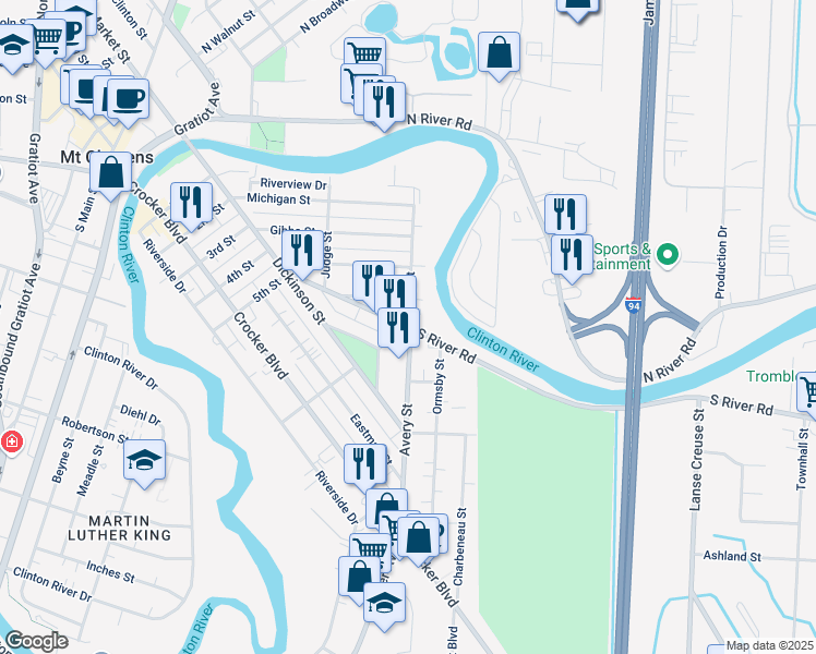 map of restaurants, bars, coffee shops, grocery stores, and more near S River Rd & Avery St & Rathbone St in Mt Clemens