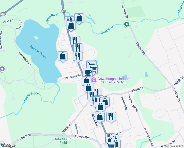 map of restaurants, bars, coffee shops, grocery stores, and more near 265 Main Street in North Reading