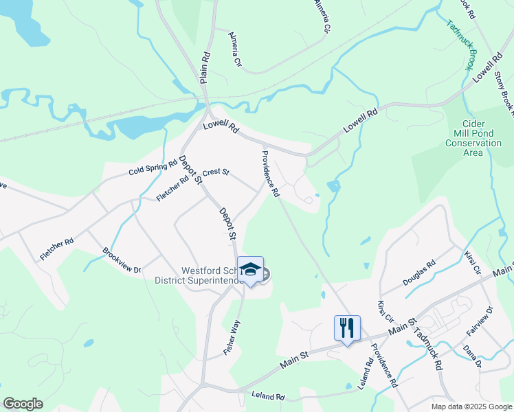 map of restaurants, bars, coffee shops, grocery stores, and more near 7 Cummings Road in Westford