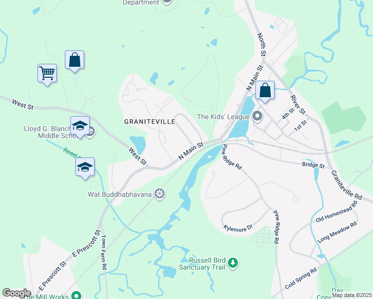 map of restaurants, bars, coffee shops, grocery stores, and more near 61 North Main Street in Westford