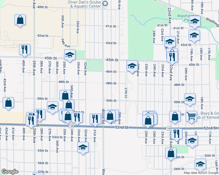 map of restaurants, bars, coffee shops, grocery stores, and more near 4814 29th Avenue in Kenosha