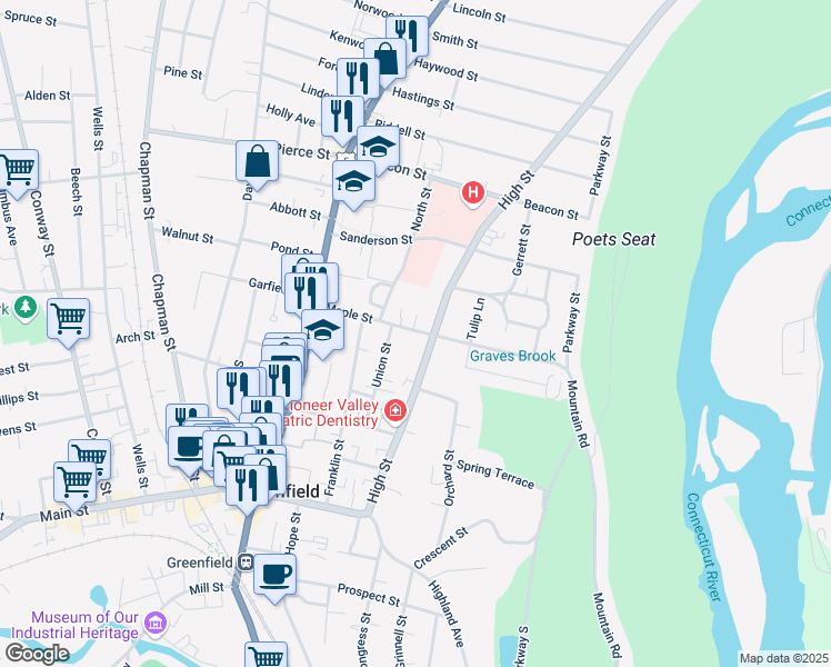 map of restaurants, bars, coffee shops, grocery stores, and more near 56 Maple Street in Greenfield