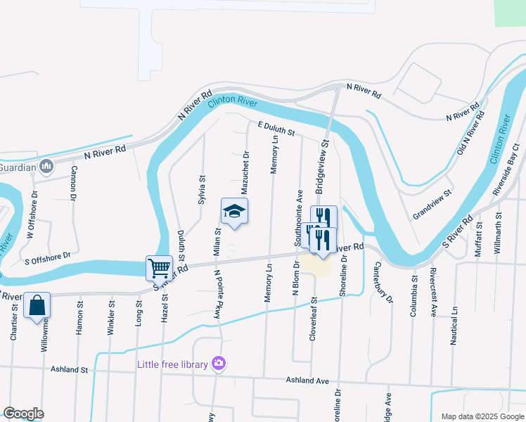 map of restaurants, bars, coffee shops, grocery stores, and more near 39741 Memory Ln in Harrison Township