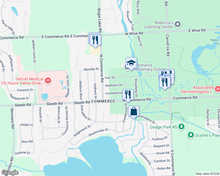 map of restaurants, bars, coffee shops, grocery stores, and more near 717 Andrews Street in Commerce Charter Township