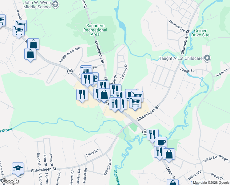 map of restaurants, bars, coffee shops, grocery stores, and more near 27 Ironwood Lane in Tewksbury