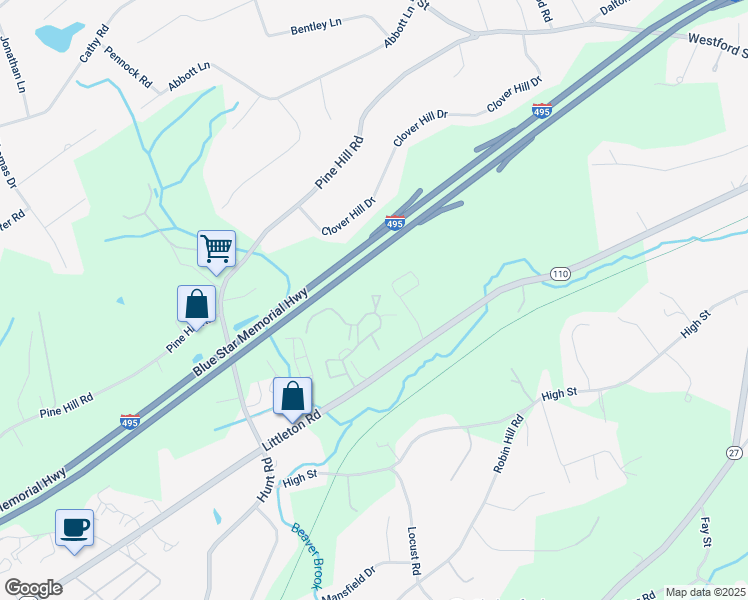 map of restaurants, bars, coffee shops, grocery stores, and more near 181 Littleton Road in Chelmsford