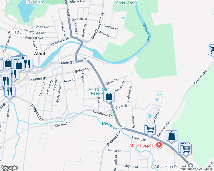 map of restaurants, bars, coffee shops, grocery stores, and more near 51 Green Street in Athol