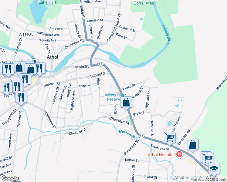 map of restaurants, bars, coffee shops, grocery stores, and more near 1307 Main Street in Athol