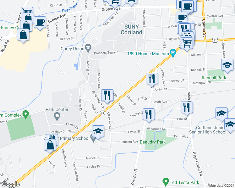 map of restaurants, bars, coffee shops, grocery stores, and more near 9 Sands Street in Cortland