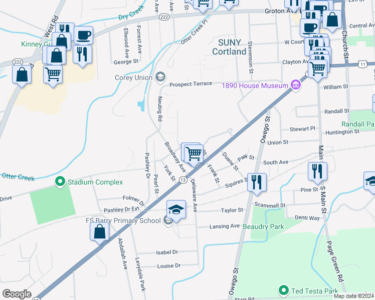 map of restaurants, bars, coffee shops, grocery stores, and more near 16 Sands Street in Cortland