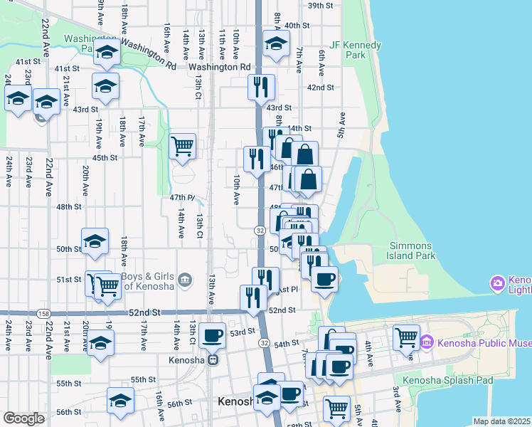 map of restaurants, bars, coffee shops, grocery stores, and more near 811 48th Street in Kenosha