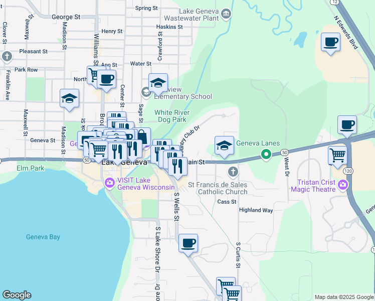 map of restaurants, bars, coffee shops, grocery stores, and more near 225 Country Club Drive in Lake Geneva