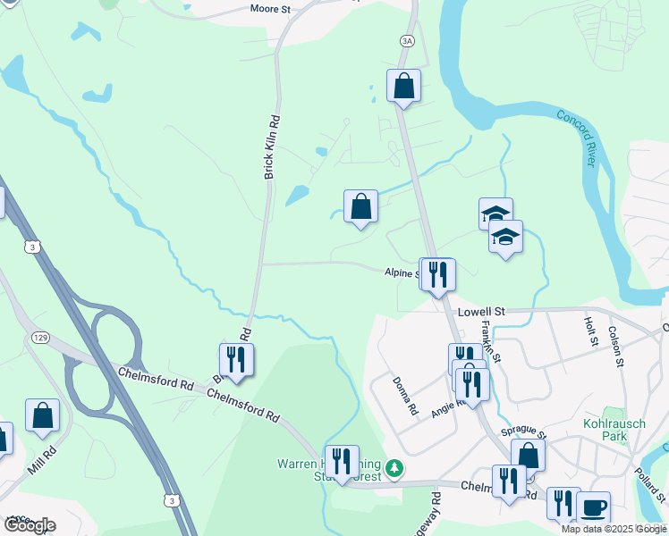 map of restaurants, bars, coffee shops, grocery stores, and more near 38 Alpine Street in Billerica