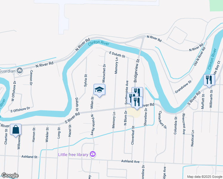 map of restaurants, bars, coffee shops, grocery stores, and more near 39741 Memory Lane in Harrison Township