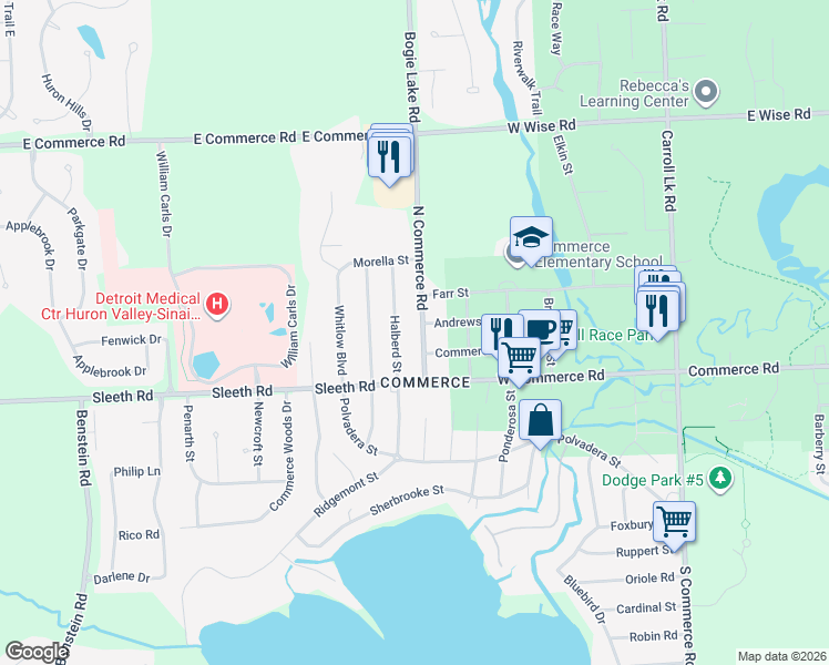 map of restaurants, bars, coffee shops, grocery stores, and more near 877 North Commerce Road in Commerce Charter Township