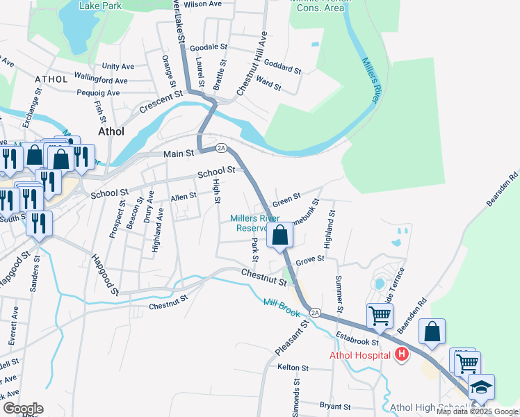 map of restaurants, bars, coffee shops, grocery stores, and more near 1301 Main Street in Athol