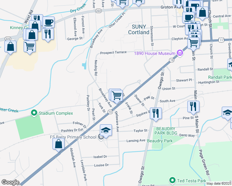 map of restaurants, bars, coffee shops, grocery stores, and more near 16 Sands Street in Cortland