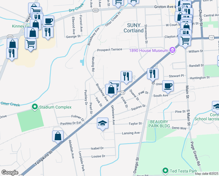 map of restaurants, bars, coffee shops, grocery stores, and more near 16 Sands Street in Cortland