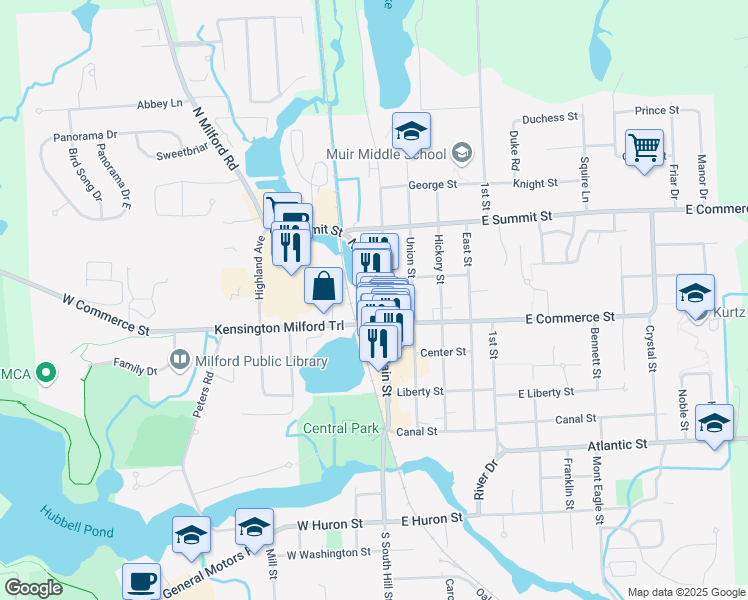 map of restaurants, bars, coffee shops, grocery stores, and more near 525 North Main Street in Milford Charter Township