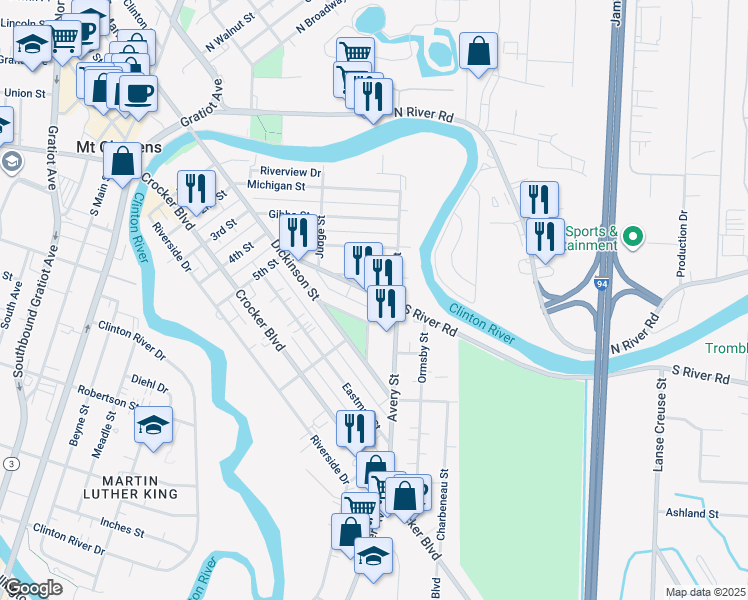 map of restaurants, bars, coffee shops, grocery stores, and more near 108 Rathbone Street in Mount Clemens