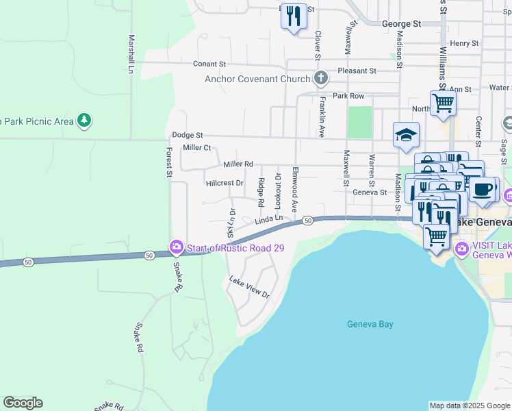 map of restaurants, bars, coffee shops, grocery stores, and more near 222 Ridge Road in Lake Geneva