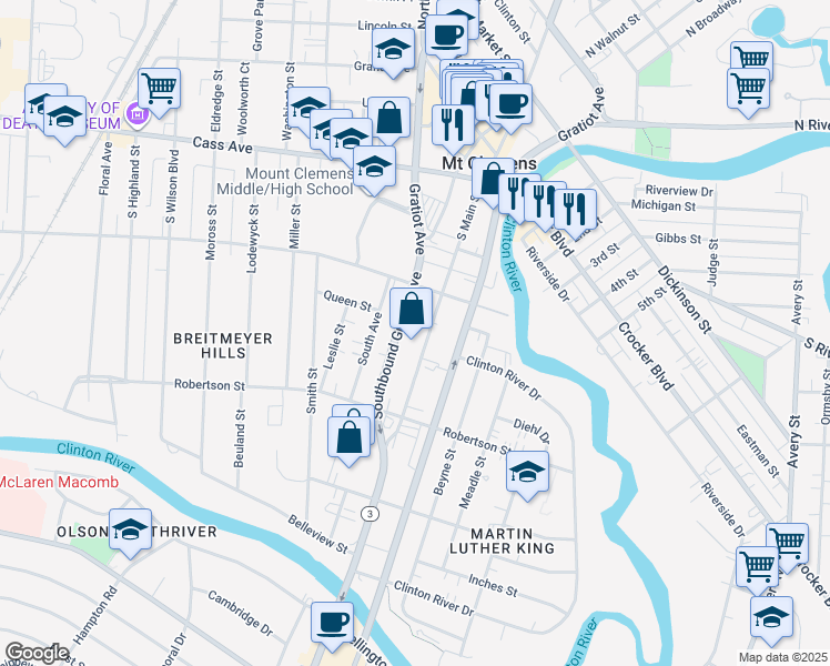 map of restaurants, bars, coffee shops, grocery stores, and more near 148 South Main Street in Mount Clemens