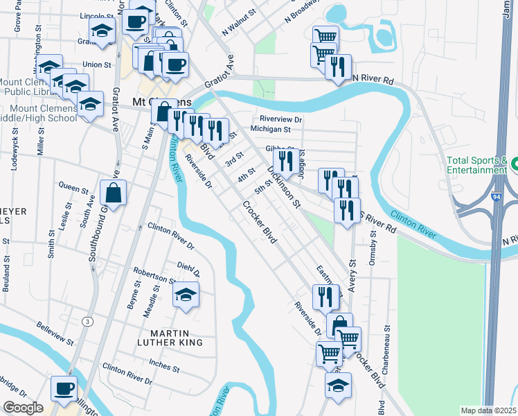 map of restaurants, bars, coffee shops, grocery stores, and more near 145 Crocker Boulevard in Mount Clemens