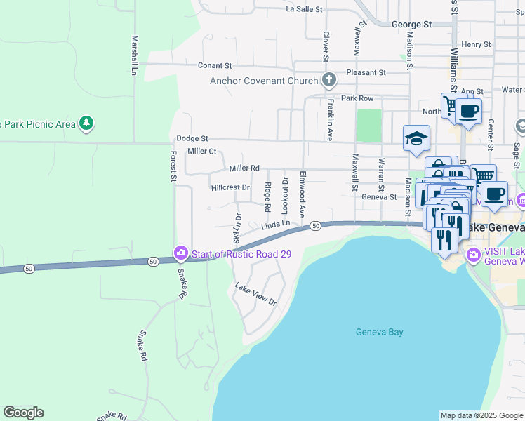 map of restaurants, bars, coffee shops, grocery stores, and more near 222 Ridge Road in Lake Geneva