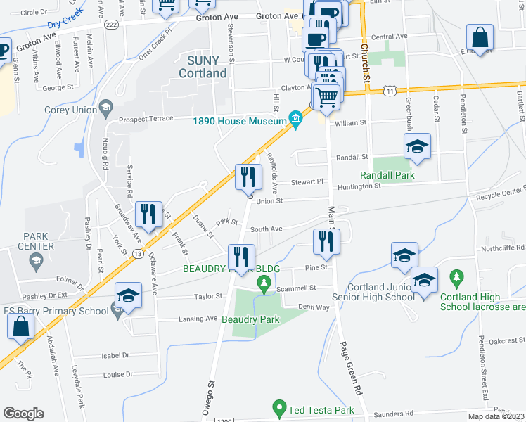map of restaurants, bars, coffee shops, grocery stores, and more near 43 Union Street in Cortland