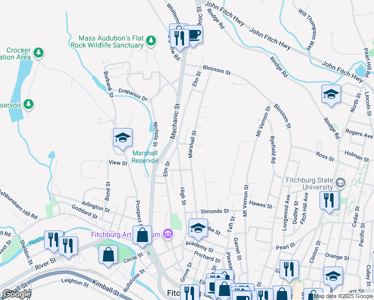 map of restaurants, bars, coffee shops, grocery stores, and more near 162 Marshall Street in Fitchburg