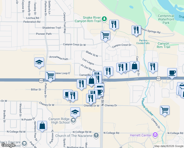 map of restaurants, bars, coffee shops, grocery stores, and more near 1720 Manzanita Street in Twin Falls
