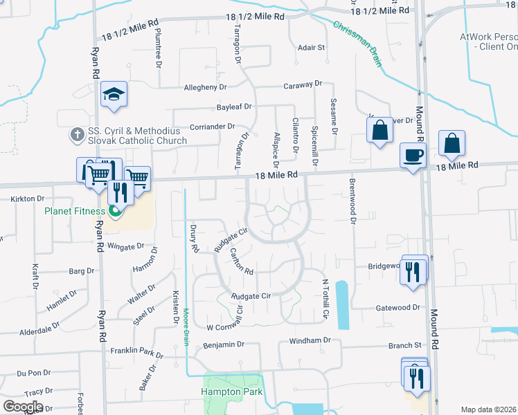 map of restaurants, bars, coffee shops, grocery stores, and more near 4826 Dunhill Road in Sterling Heights