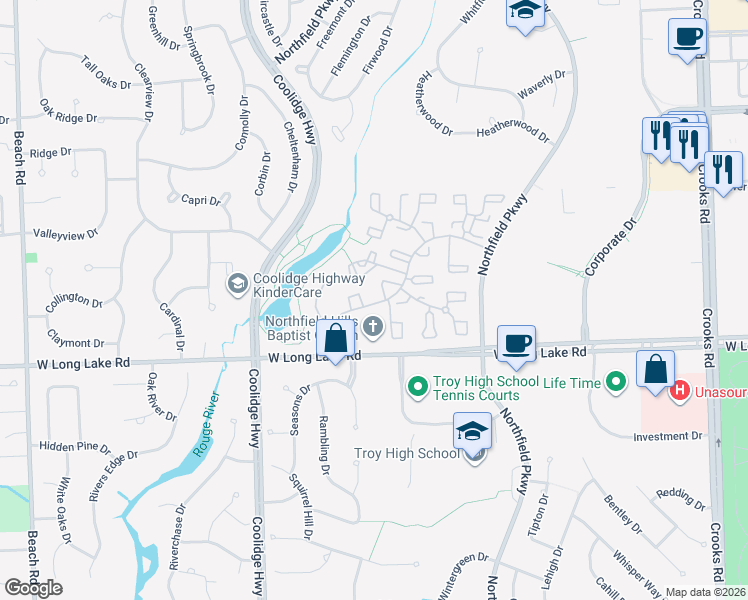 map of restaurants, bars, coffee shops, grocery stores, and more near 1728 Brentwood Drive in Troy