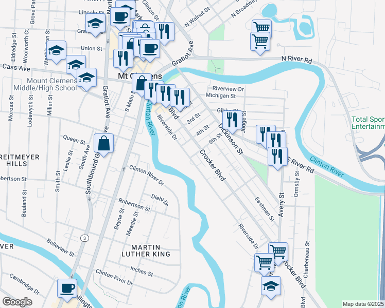 map of restaurants, bars, coffee shops, grocery stores, and more near 89 Riverside Drive in Mount Clemens