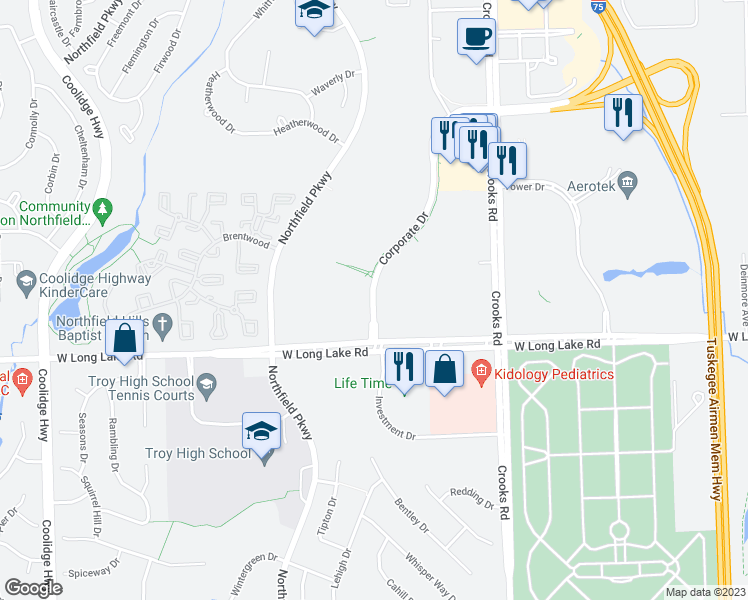 map of restaurants, bars, coffee shops, grocery stores, and more near 5010 Corporate Drive in Troy