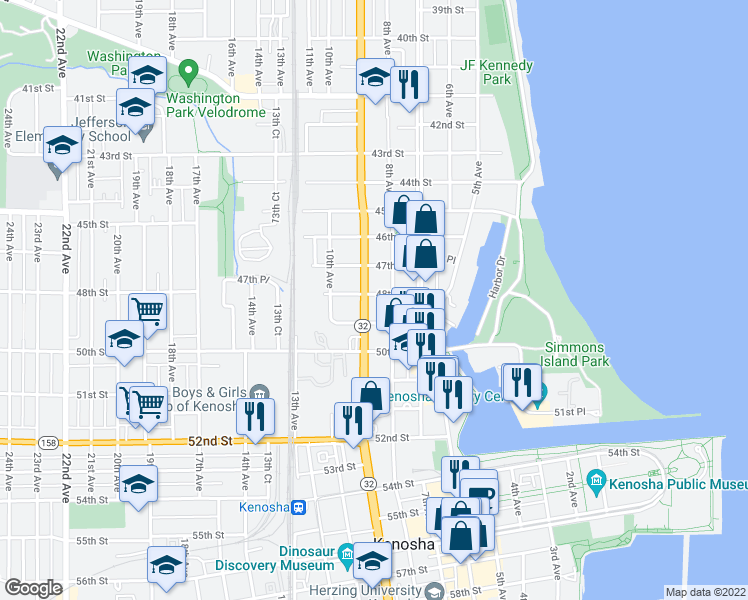 map of restaurants, bars, coffee shops, grocery stores, and more near 821 48th Street in Kenosha