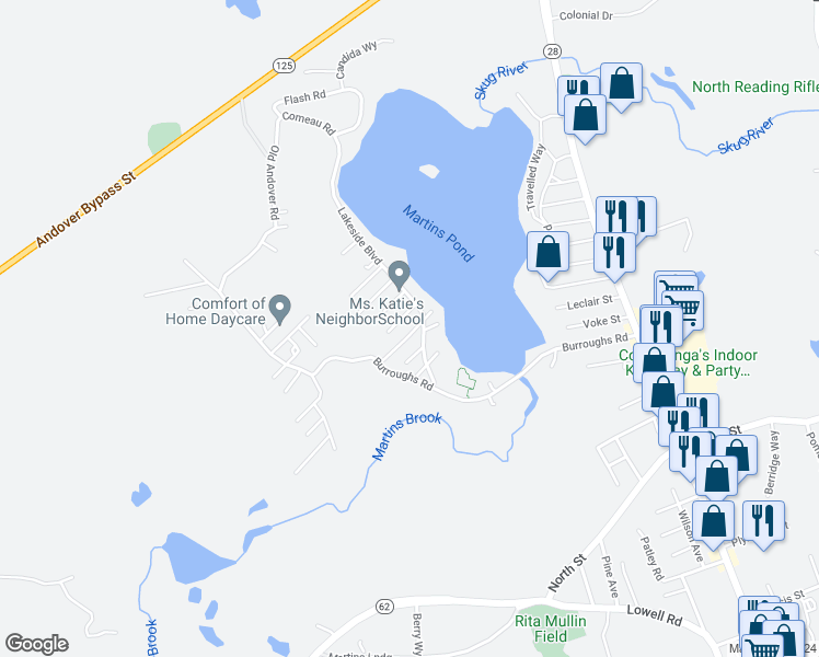 map of restaurants, bars, coffee shops, grocery stores, and more near 18 Poplar Terrace in North Reading
