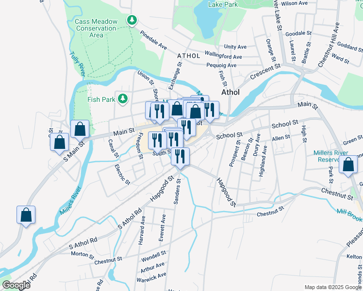 map of restaurants, bars, coffee shops, grocery stores, and more near 16 Exchange Street in Athol