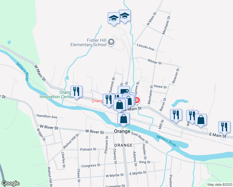 map of restaurants, bars, coffee shops, grocery stores, and more near 19 High Street in Orange