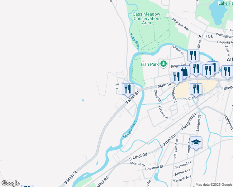 map of restaurants, bars, coffee shops, grocery stores, and more near 99 C Street in Athol
