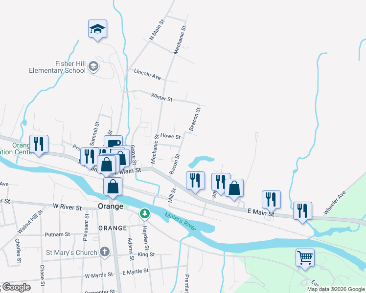 map of restaurants, bars, coffee shops, grocery stores, and more near 58 Bacon Street in Orange