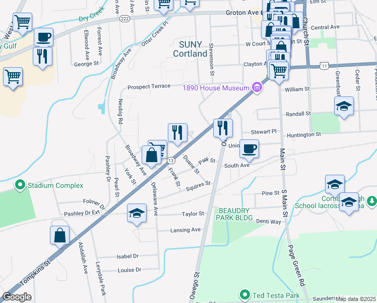 map of restaurants, bars, coffee shops, grocery stores, and more near 117-119 Tompkins St in Cortland
