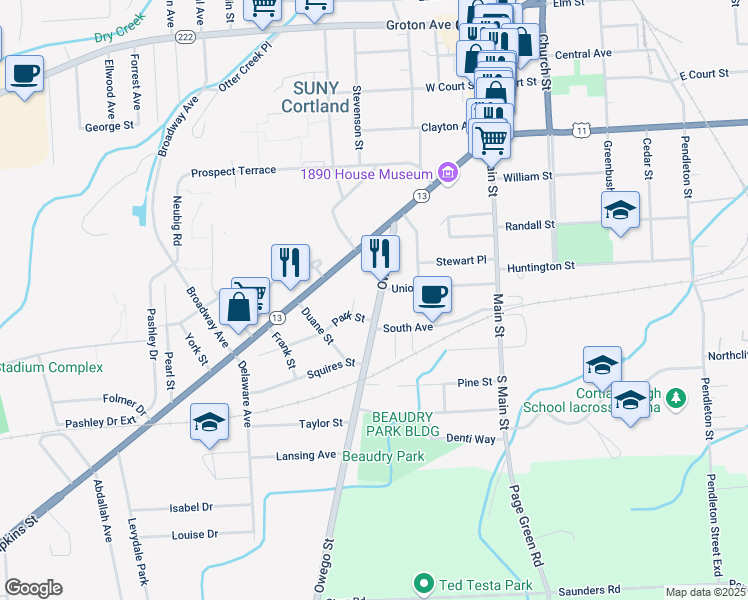 map of restaurants, bars, coffee shops, grocery stores, and more near 36 Owego Street in Cortland